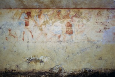 Begräbnisprozession mit Tänzern und Musikern, Fresko, Grab der Blauen Dämonen, Nekropole von Tarquinia (UNESCO-Welterbeliste, 2004), Latium, Italien, etruskische Zivilisation, 5. Jahrhundert v. Chr. von Georg Carl Heinrich Dollmann