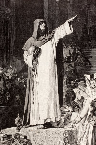 Girolamo Savonarola (1452 – 1498), italienischer Dominikanermönch, der gegen Unmoral und Luxus predigte, die zur Sünde verleiten könnten, nach einem Werk von De Langemantels, aus 