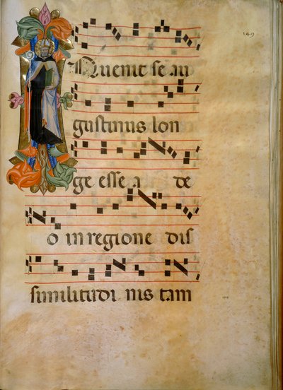 Illuminierte Initiale mit der Figur des Heiligen Augustinus (Corale 19, c. 149), Werk von Silvestro dei Gherarducci für Chorbuch 19 von Santa Maria degli Angeli, aufbewahrt in der Biblioteca Medice-Laurenziana in Florenz von Henry Charles Fehr