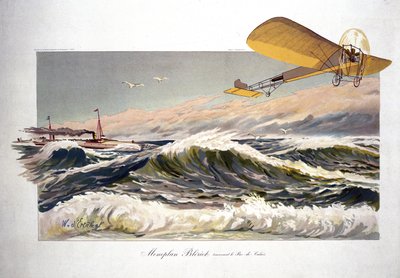 Louis Bleriot (1872-1936), französischer Flieger, Überquerung des Ärmelkanals am 25. Juli 1909 an Bord seines Monoplanes "Bleriot XI" von Ferdinand Georg Waldmuller