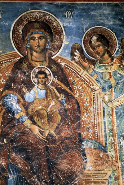 Madonna mit Kind und Engel, Fresko im Kloster Ano Pedina, nahe Papigo, Zagoria, Epirus, Griechenland von Georg Carl Heinrich Dollmann