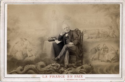 Pariser Kommune: „Frankreich in Frieden“ Porträt von Louis Adolphe Thiers (1797-1877), sitzend auf dem Drachen, wahrscheinlich Symbol der Kommune von Frederick (attr. to) Barnard