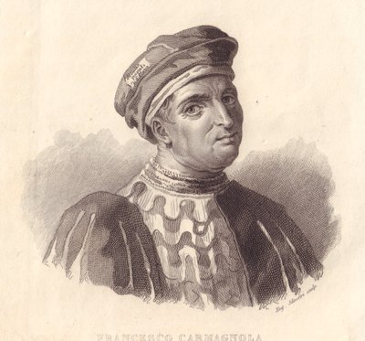 Porträt des italienischen Militärführers Francesco da Bussone, auch bekannt als Carmagnola (1380-1432), Kupferstich von E. Silvestri nach einem Gemälde von William Walcutt