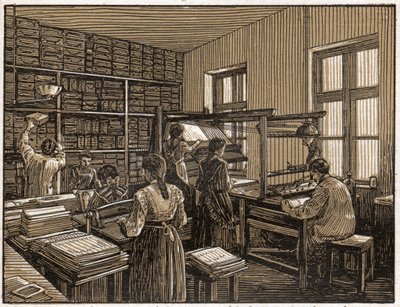 Druckerei in Budapest, Ungarn: Fassung und Vorbereitung von Büchern. Frauenarbeit. ca. 1910 (Illustration) von . .