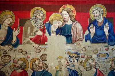 Museum von San Marco. Wandteppich aus Wolle mit Episoden aus der Passion Christi. Das letzte Abendmahl. von . .