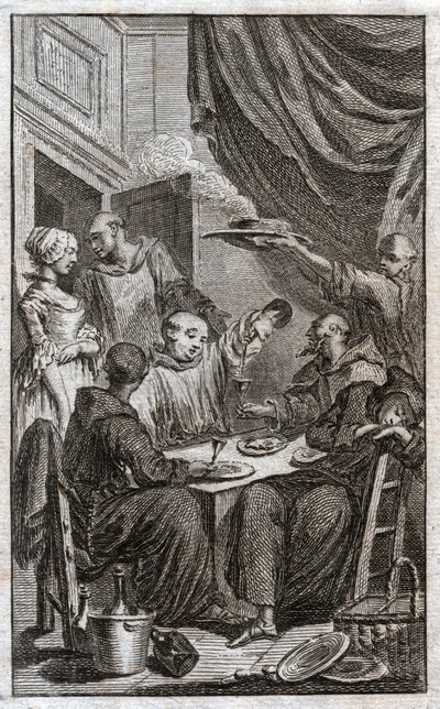 Das Fest der Mönche, die klösterliche Regeln verletzen. Sie trinken Wein, umwerben die Mägde (Gravur) von . .