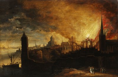 Brennende Stadt mit Lot, dem Engel und seinen Töchtern von Anonymous