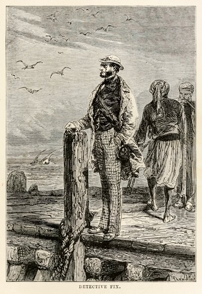 Detektiv Fix, aus In 80 Tagen um die Welt von Jules Verne, graviert von Louis Dumont, 1873 von after Alphonse Marie de Neuville