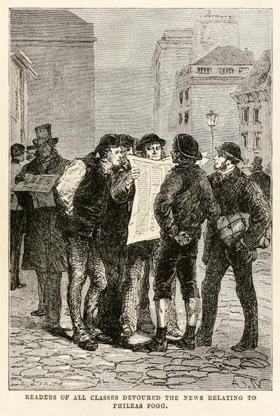 Leser aller Klassen verschlangen die Nachrichten über Phileas Fogg, aus In 80 Tagen um die Welt von Jules Verne, graviert von Louis Dumont, 1873 von after Alphonse Marie de Neuville