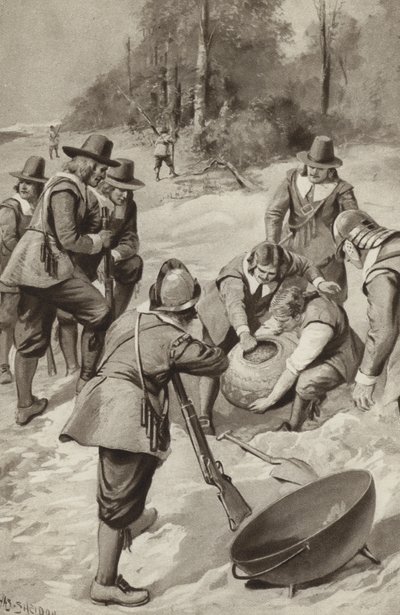 Die Pilgerväter schlagen auf den Sand und finden Mais von after Charles Mills Sheldon
