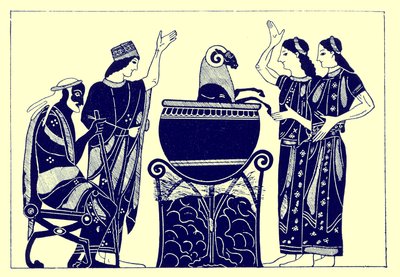 Medea kocht den Widder, Illustration aus Griechische Vasenmalereien von J. E. Harrison und D. S. MacColl, veröffentlicht 1894 von after English School