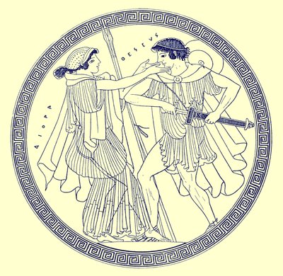 Theseus und Aethra, Illustration aus Griechische Vasenmalereien von J. E. Harrison und D. S. MacColl, veröffentlicht 1894 von after English School
