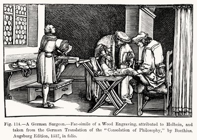 Ein deutscher Chirurg, aus Trost der Philosophie von Boethius, Illustration aus Wissenschaft und Literatur im Mittelalter und der Renaissance, geschrieben und graviert von Paul Lacroix, 1878 von after German School