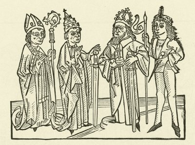 Der Heilige Römische Kaiser und der Papst, begleitet von einem Ritter und einem Bischof, die Schwerter halten, symbolisieren die richterliche Macht in ihren Ländern von after German School