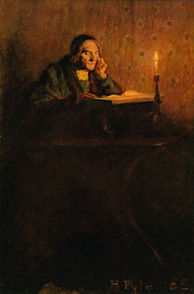 Ein ordentlicher und verschrumpelter Herr saß an einem Schreibtisch von after Howard Pyle