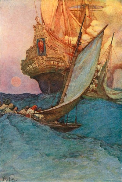 Ein Angriff auf eine Galeone von after Howard Pyle