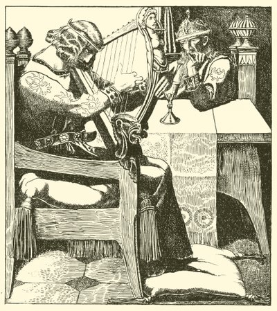 Sir Tristram spielt Harfe vor König Mark von after Howard Pyle