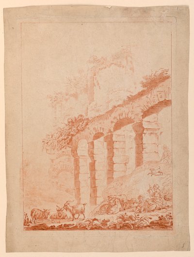 Ziegenhirten in Landschaft mit Ruinen von after Jean Baptiste Huet