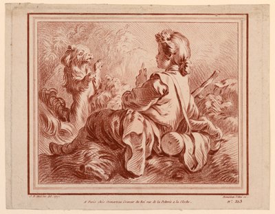 Sitzender Schäfer spielt mit einem Hund von after Jean Baptiste Huet