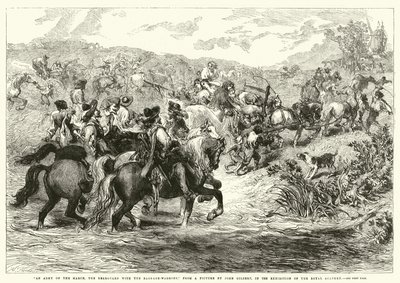 Eine Armee auf dem Marsch, die Nachhut mit den Gepäckwagen, in der Ausstellung der Royal Academy von after John Gilbert