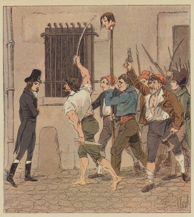 Ich war einer Gruppe hässlicher Männer begegnet, die einen Kopf auf einer Pike trugen von after Louis Charles Bombled