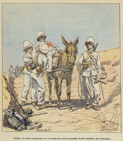 Soldaten des Trains sammeln erschöpfte Soldaten des 40. Jägerbataillons auf der Straße ein von after Louis Charles Bombled