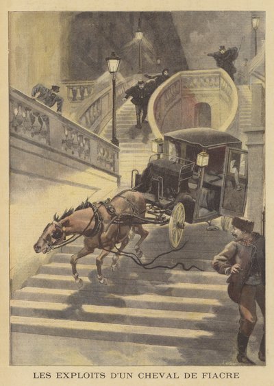 Ein Pferd zieht eine Kutsche eine Treppe hinunter in Paris von after Oswaldo Tofani