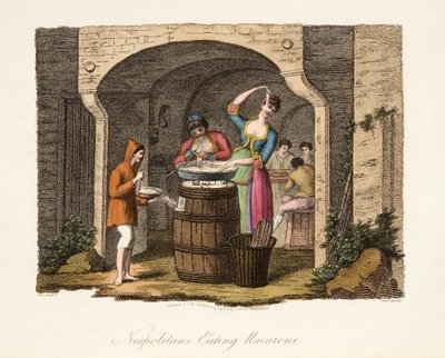 Neapolitaner essen Makkaroni, aus Italian Scenery, veröffentlicht 1806 von after P. van Lerberghi