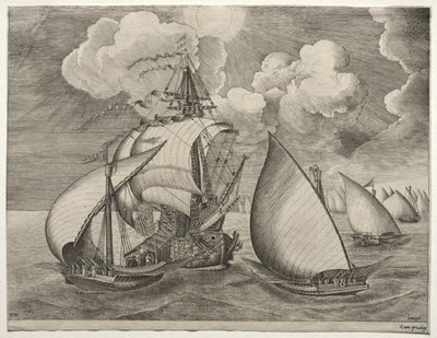 Segelschiffe: Eine Flotte von Galeeren eskortiert von einer Karavelle von after Pieter Bruegel