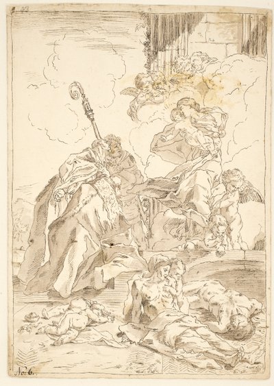 Die Madonna und das Kind erscheinen zwei männlichen Heiligen während eines Pestausbruchs von after Pietro Testa