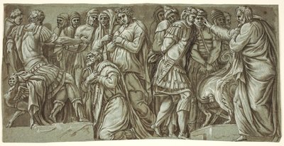 Die Familie des Darius vor Alexander und eine Szene mit Gefangenen; von der Fassade des Palazzo Milesi von after Polidoro da Caravaggio