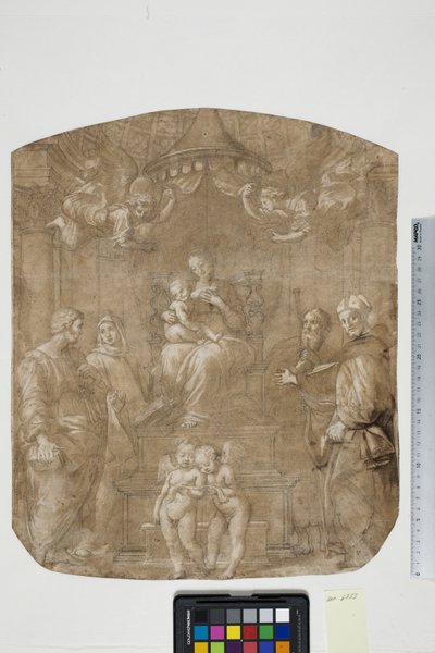 Madonna mit Kind und den Heiligen Petrus, Bernhard (oder Bruno), Jakobus, Augustinus und vier Engeln, Madonna del Baldacchino von after Raphael