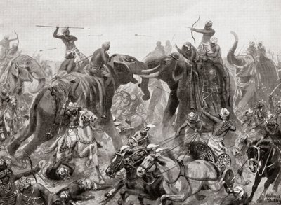 Die Niederlage von Pulakeshin Chalukhya durch Narasimhavarman I. in Badami im Jahr 642 n. Chr., aus Hutchinsons Geschichte der Nationen, veröffentlicht 1915 von after Robert Dudley