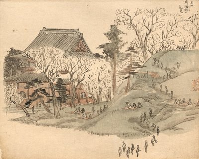 Kirschblütenbesichtigung am Tempel auf dem Berg Suribachi nach einem Entwurf in Band 5 des Bilderbuchs der Souvenirs von Edo (Ehon Edo miyage) von after Utagawa Hiroshige