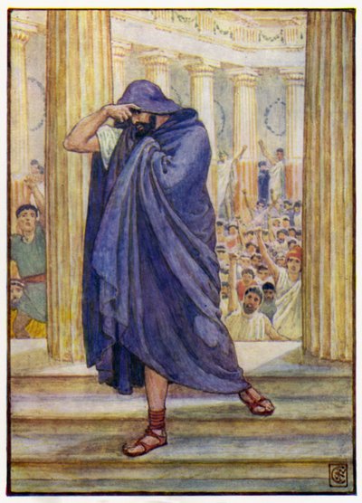 Er verließ die Versammlung und verbarg sein Gesicht in seinem Mantel von after Walter Crane