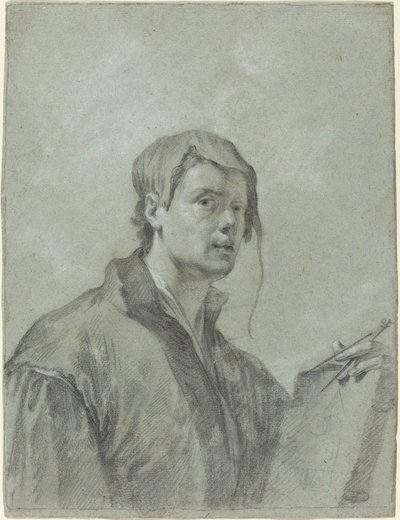 Ein Künstler, der ein Buch und einen Kompass hält von after Willem Drost