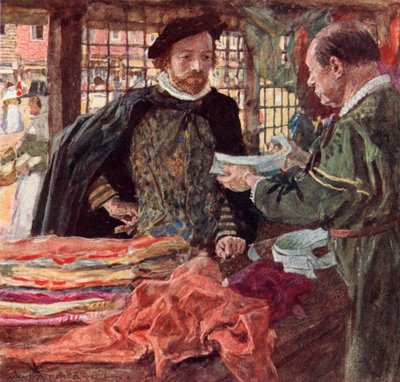 Shakespeare bei einem Tuchhändler, um sich einen der neuen fallenden Kragen zu kaufen, die die Halskrausen ersetzen von after William Hatherell
