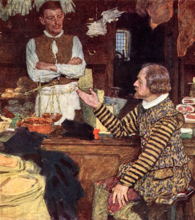 Shakespeare besucht einen Lebensmittelladen in Bucklersbury, um mit John Sadler, einem Lehrling aus Stratford, zu plaudern von after William Hatherell