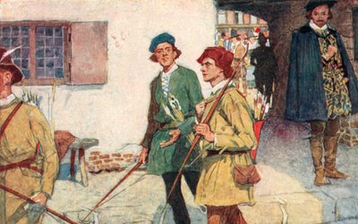 Shakespeare sieht eine Gruppe von Lehrlingen mit ihren Bögen und Pfeilen auf dem Weg zum Bogenschießplatz in Moorfields, London von after William Hatherell