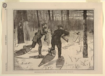 Hirschjagd in den Adirondacks im Winter, aus Every Saturday, 21. Januar 1871, S. 57 von after Winslow Homer