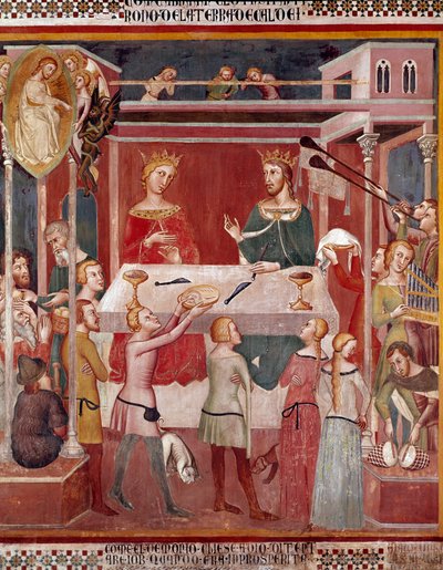 Wie der Dämon Gott bat, Hiob in seiner Blütezeit zu prüfen. Fresko von Bartolo di Fredi (oder Manfredi De Battilori) (1330-1410) Collegiale di San Gimignano, Italien von also Manfredi de Battilori Bartolo di Fredi