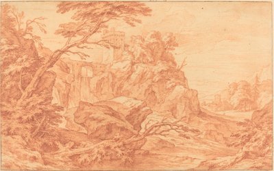 Eine felsige Landschaft mit einem Steinturm und einem Wasserfall von attributed to Adriaen Frans Boudewyns