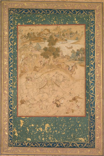 Akbar überwacht die Gefangennahme von wilden Elefanten in Malwa im Jahr 1564, Gemälde 90 aus einem Akbar-nama (Buch von Akbar) von Abu
