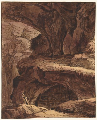 Felsige Landschaft mit einer Höhlenkapelle von attributed to Johann Martin von Rohoden