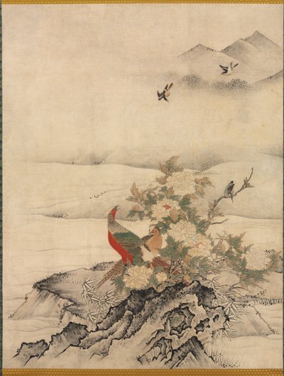 Blumen und Vögel in einer Frühlingslandschaft von attributed to Kano Motonobu