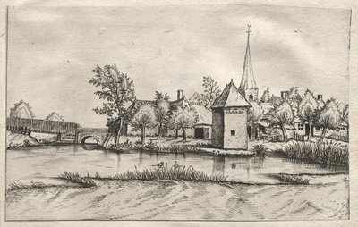 Ansichten von Dörfern in Brabant und Campine: Ein Dorf mit Wassergraben von attributed to Master of the Small Landscapes