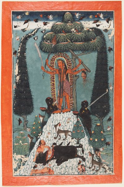 Die Göttin Kali steht auf einem Berggipfel von attributed to Master of the court of Mandi