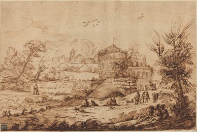 Landschaft mit Festung und Fluss von called Guercino after Giovanni Francesco Barbieri