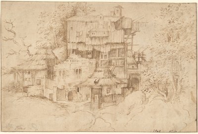 Ein Komplex rustikaler Häuser über Ruinen gebaut von circle of Giorgione