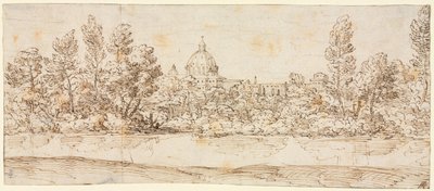 Flusslandschaft mit Blick auf die Petersbasilika von circle of Giovanni Francesco Grimaldi